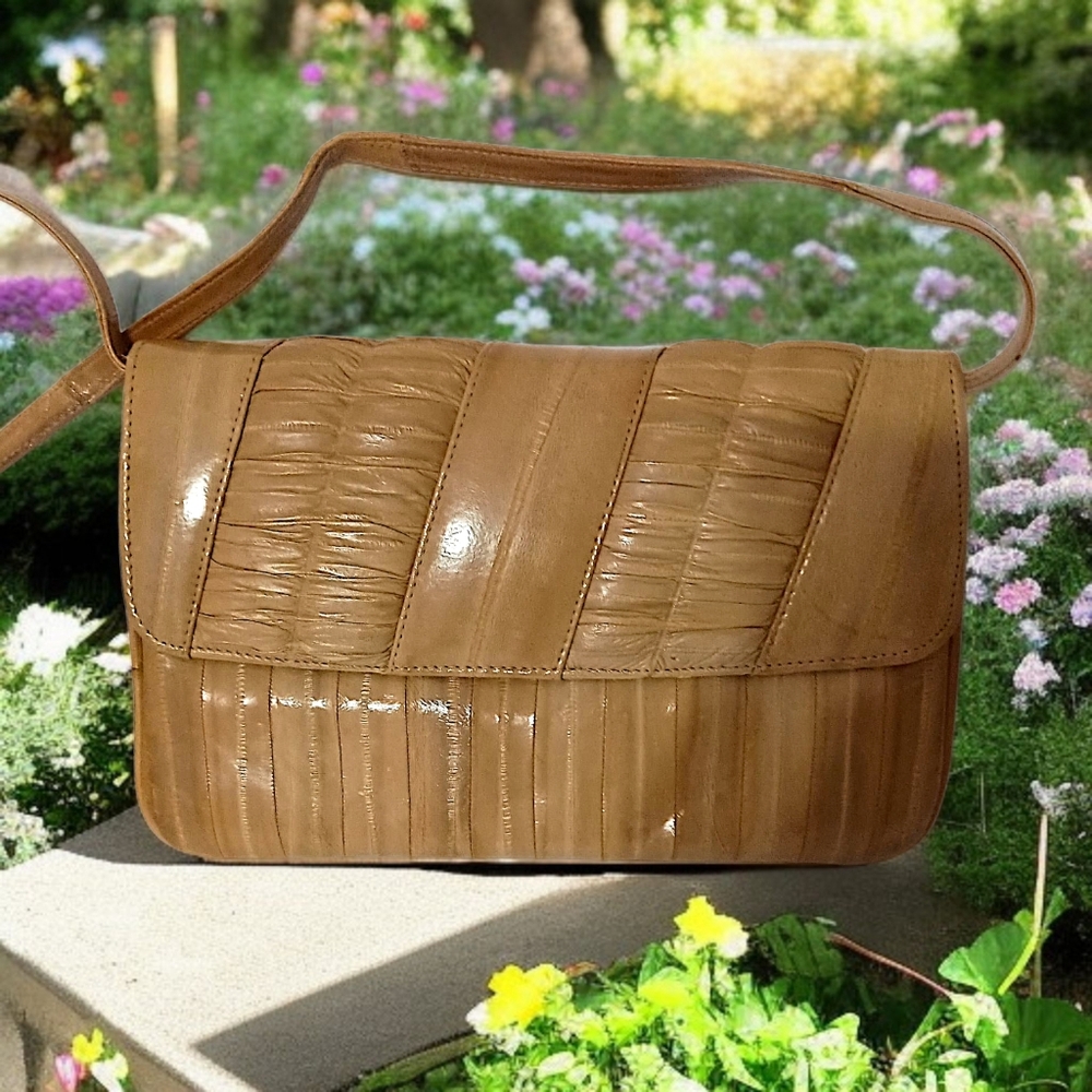Vintage Eel Skin Crossbody‎ Bag Camel Tan Quilted Suede Leather Shoulder Retro